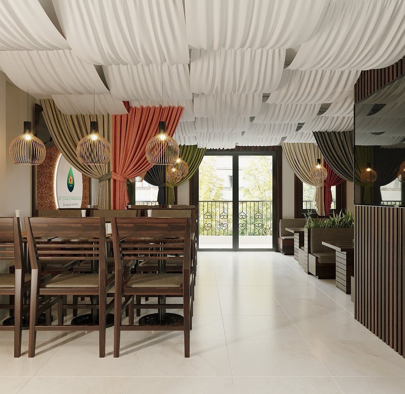 KP dining room with white draped ceiling, wooden tables, and warm pendant lights